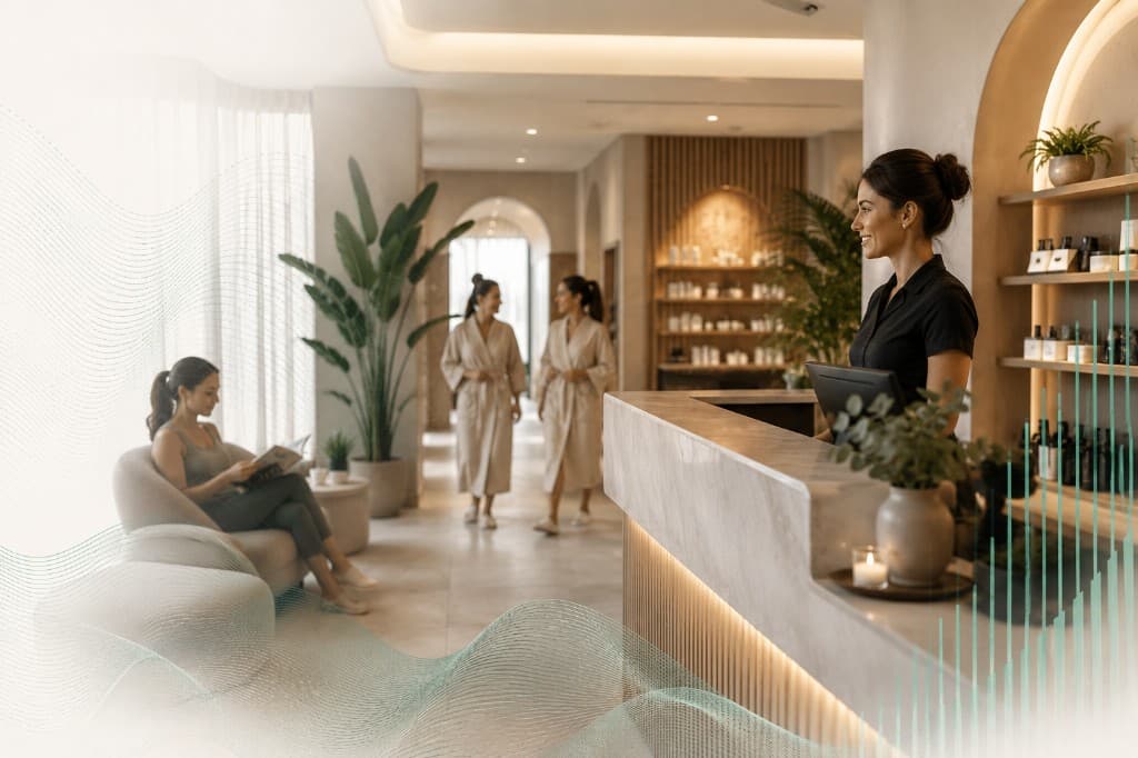 Wellness spa front desk with revenue analytics visual overlay